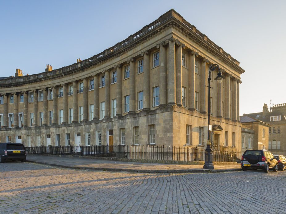The outside of No. 1 Royal Crescent in the sunshine